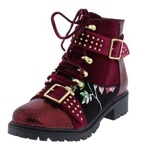 Reddish Wine & Gold Studded Flora Vegan Leather Suede Riding Boots